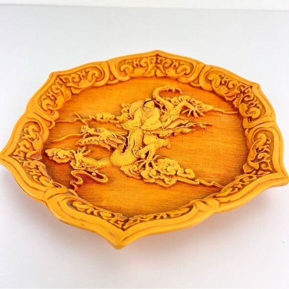 Vintage Chinese Dragon Themed Cinnabar Yellow Plate Asian Art - Picture 3 of 9
